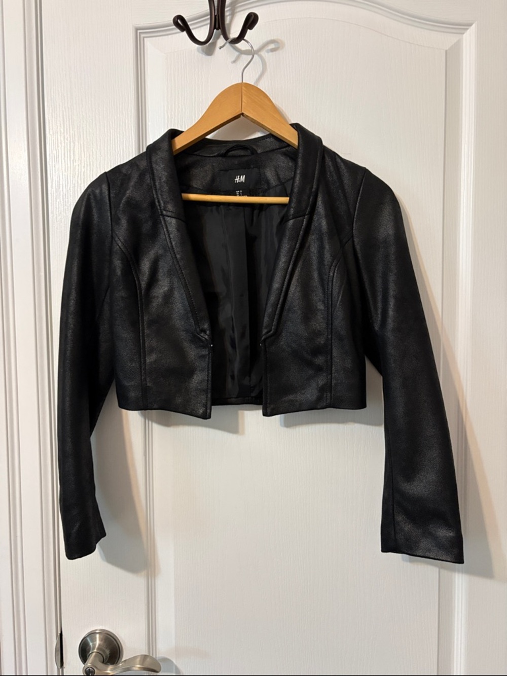 H&M Black Cropped Faux Leather Open-Front Jacket